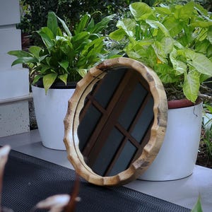 Spalted Tamarind Wood Mirror: CNC Carved Live Edge, 13 Inch