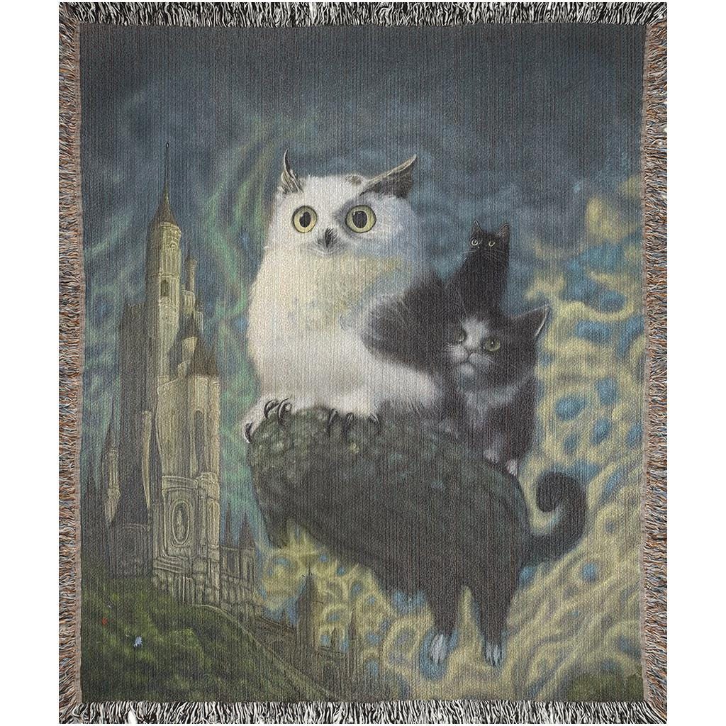 Flying Owl and Cats Woven Blanket