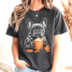 May include: A charcoal grey t-shirt featuring a graphic of a French Bulldog wearing a plaid scarf and holding an orange mug. The mug has the text Pumpkin Spice is Everything Nice printed on it, surrounded by orange autumn leaves on the shirt.
