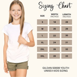 May include: Sizing chart for youth unisex t-shirts, showing width and length measurements in inches for sizes S through 3XL. Gildan 5000B Youth Unisex Kids Sizing.