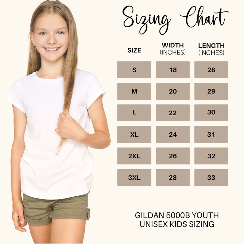 May include: Sizing chart for youth unisex t-shirts, showing width and length measurements in inches for sizes S through 3XL. Gildan 5000B Youth Unisex Kids Sizing.