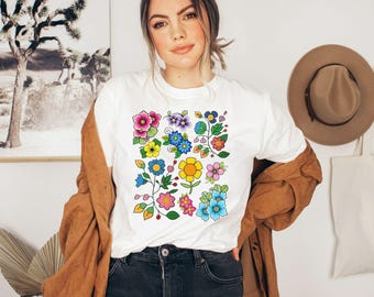 Cottagecore Shirt, Folk Art Scandi Art T Shirt, Flower Shirt, Botanical Shirt, Gardening Shirt, Goblincore Shirt, Vintage Floral Tshirt