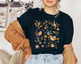 Cottage core Shirt Folk Art Scandi Art T Shirt Flower Shirt Shirt, Botanical Shirt Gardening Shirt Goblincore Shirt Vintage Floral Tshirt