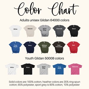 May include: Color chart showing the different colors available for Gildan 64000 and 5000B t-shirts. The chart includes colors like white, natural, sport grey, charcoal, black, true royal, navy, military green, dark chocolate, red, and heliconia. Solid colors are 100% cotton, heather colors are 35% ring-spun cotton, 65% polyester, and sport grey is 90% cotton, 10% polyester.