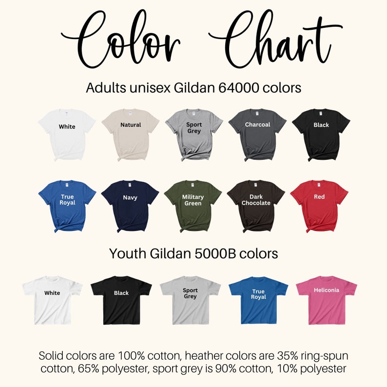 May include: Color chart showing the different colors available for Gildan 64000 and 5000B t-shirts. The chart includes colors like white, natural, sport grey, charcoal, black, true royal, navy, military green, dark chocolate, red, and heliconia. Solid colors are 100% cotton, heather colors are 35% ring-spun cotton, 65% polyester, and sport grey is 90% cotton, 10% polyester.