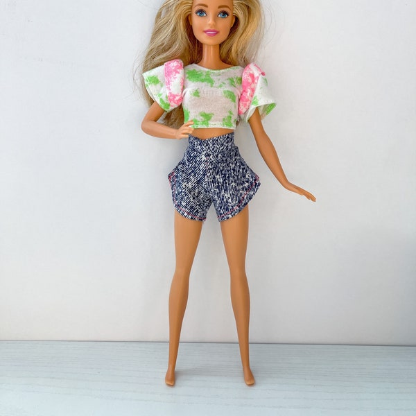 80s/90s Barbie Doll Outfit, High Waisted Denim Shorts And Crop Top