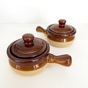 Set Of 2 Retro Stoneware Lidded Soup Crocks With Handles