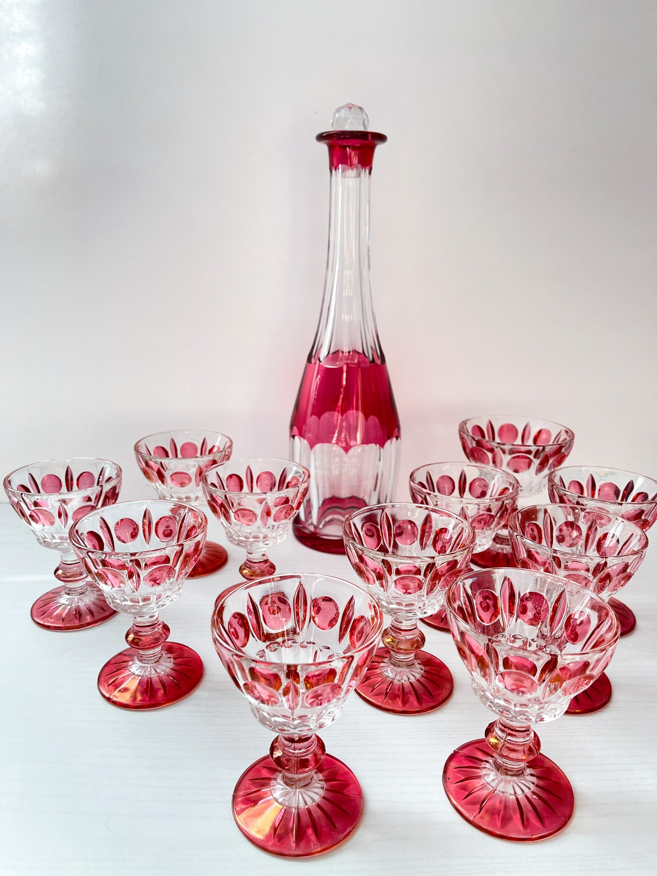 Vintage Ruby Red Flash Bamboo Decanter Set