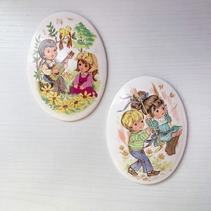 Vintage 1970’s Ceramic Oval Wall Plaques Children Playing, Set Of 2, Nursery Decor