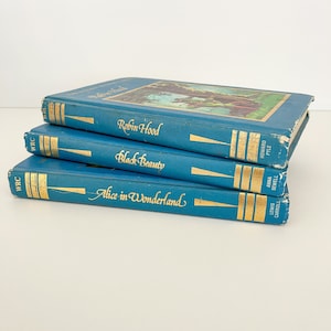 May include: A stack of three blue hardcover books with gold lettering. The titles are "Robin Hood", "Black Beauty", and "Alice in Wonderland".