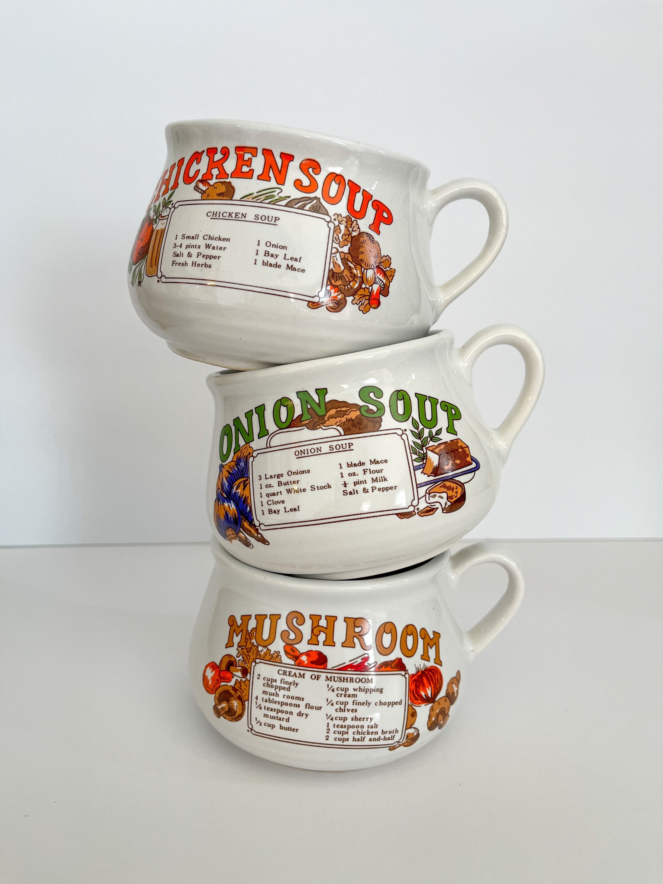 Vintage No Spill Wide Bottom Ceramic Recipe Soup Bowl Cup Mug, Onion Soup