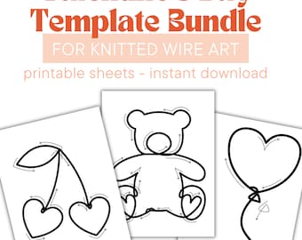 May include: Printable Valentine's Day templates for knitted wire art. The templates include a cherry, a teddy bear, and a heart-shaped balloon. Each template has arrows indicating the direction of the wire.