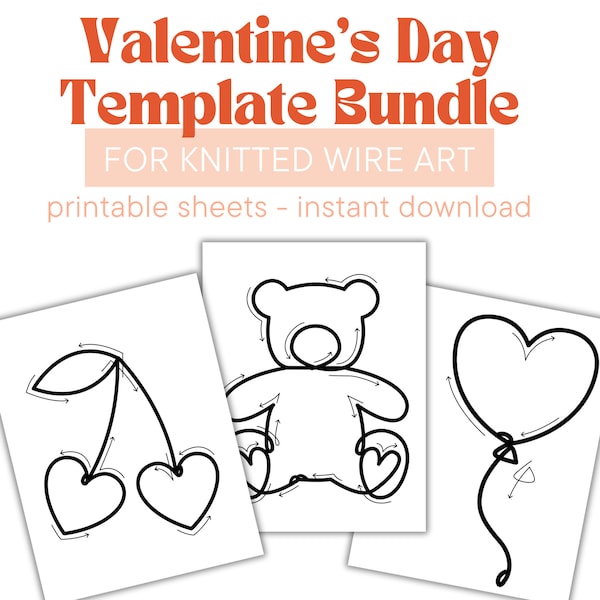 Valentinstag-Vorlagen-Bundle für Knitted Wire Art | Trikotstoff | Kordel | Französischer Strick | Digitaler Download