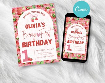 Strawberry First Birthday Invitation, Editable Canva Template (Digital File)
