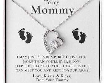 Expecting Mother Necklace, Heart Pendant, Cubic Zirconia (14k White Gold)