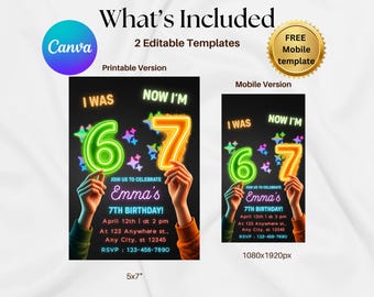 Six Seven Birthday Party Invitation, Viral Meme Neon Glow, Editable Canva Template (Digital Download)