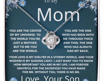 Mom's Love Knot Necklace, White Gold & CZ (Gift From Son, Adjustable Length)