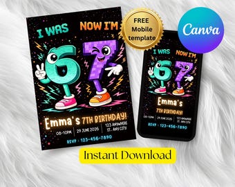 Retro 7th Birthday Invitation, Pixel Meme, Gaming Style (Digital Download, Mobile Version Available)