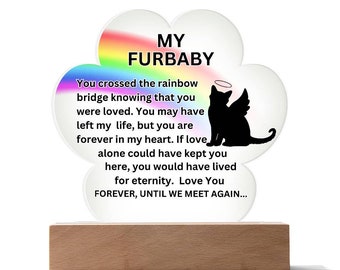 Rainbow Bridge Cat Memorial | Acrylic Paw Plaque with Wooden Base