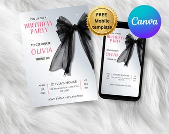 Black Bow Birthday Invitation Template, Elegant Canva Invite (Digital Download, Mobile Bonus Included)