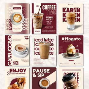 コーヒーショップ向けCanvaテンプレート｜Instagram投稿テンプレート10種類｜カフェ向けソーシャルメディアキット｜編集可能なコーヒービジネスマーケティングパック