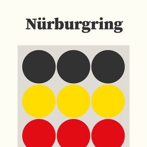 May include: A black and white illustration of the N&uuml;rburgring race track, a popular attraction for driving enthusiasts. The illustration is accompanied by a graphic of three black circles, three yellow circles, and three red circles.