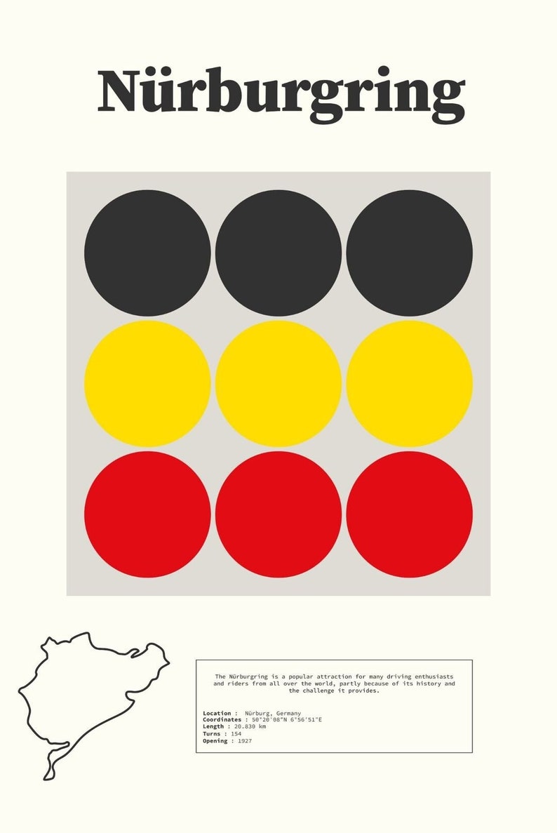 May include: A black and white illustration of the N&uuml;rburgring race track, a popular attraction for driving enthusiasts. The illustration is accompanied by a graphic of three black circles, three yellow circles, and three red circles.