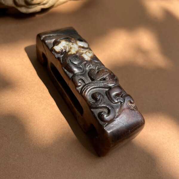 Ancient Jade Sword Guard Carved Chi Dragon Jade Figurine Collectible Ancient Jade Trinket Home Decor