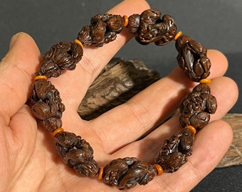 Hand carved walnut beaded bracelet, Mens meditation bracelet, 9 carved monkey shape bead bracelet, Wishes for career success