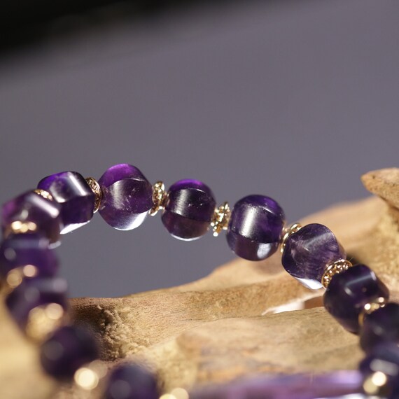 Old Amethyst Beaded Bracelet, Stretchy Diamond Am… - image 5