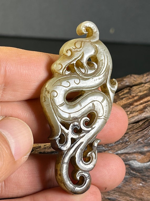 Antique jade dragon pendant, White jade pendant, Coll… Gem