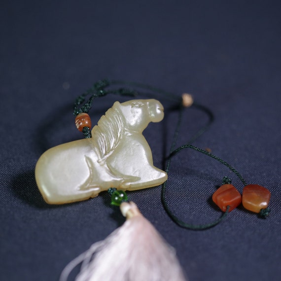 Antique horse jade pendant, zodiac horse necklace… - image 2