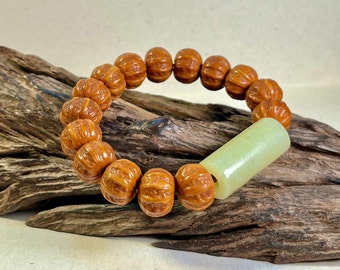 Beaded Walnut Bracelet w Antique jade Lezi pendant, Yellow jade Lezi necklace, Jade Lezi cham pendant, Mens stretchy beaded bracelet