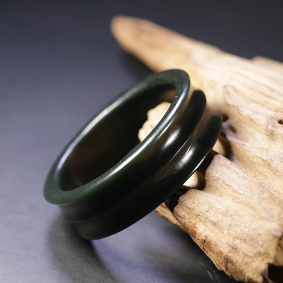 Jade bangle bracelet, Dark greenish jade cuff, Wo… - image 1