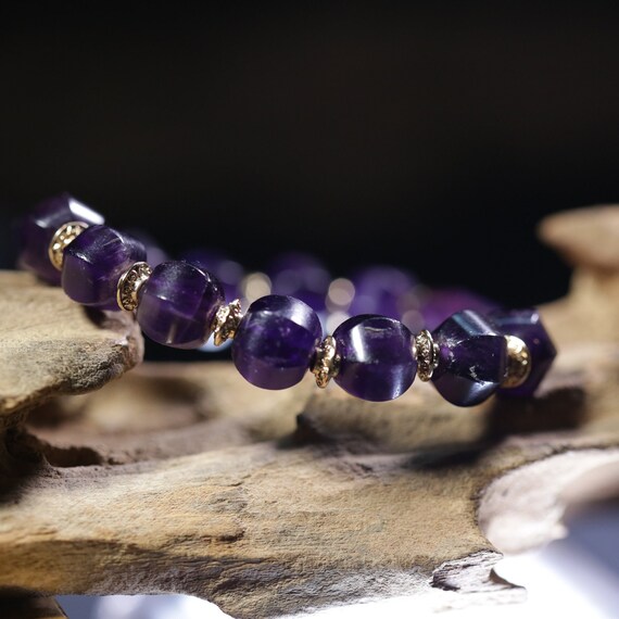 Old Amethyst Beaded Bracelet, Stretchy Diamond Am… - image 4
