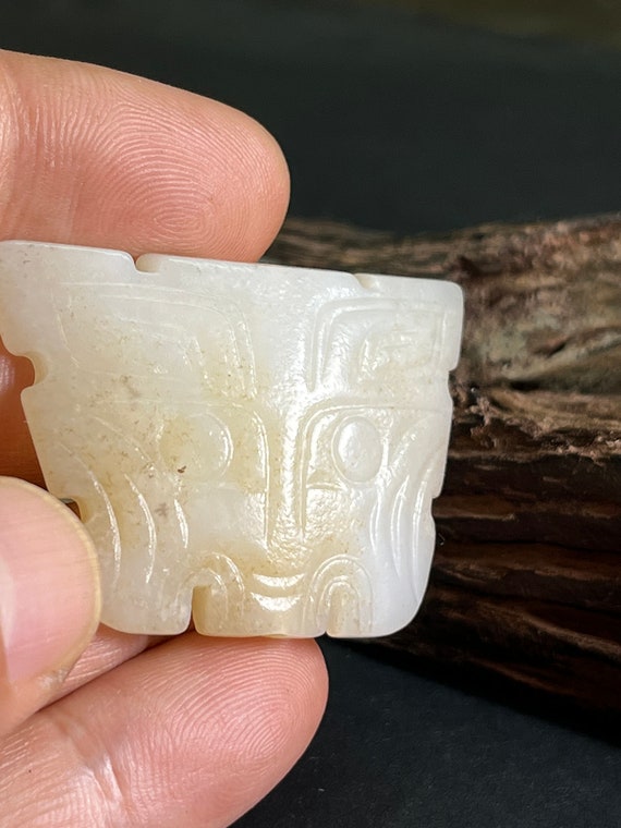 Antique Taotie jade pendant, Hetian white jade pe… - image 9