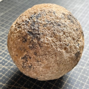 May include: A spherical, weathered stone with a rough, textured surface. The stone is primarily beige with dark gray and black patches scattered across its surface. The shape is round, and the stone appears to be naturally formed.
