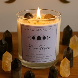 New Moon Crystal Candle | Soy Coconut Wax, Citrine, Smoky Quartz, Clear Quartz