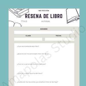 Könnte beinhalten: Ein druckbares Buchrezensionsblatt auf Spanisch mit dem Titel "Resena de Libro" (Buchrezension). Das Blatt enthält Abschnitte für den Buchtitel, den Autor, die Klasse, das Datum und Fragen zum Thema des Buches, den Charakteren, den Lieblingsteilen, den Lektionen und dem Gesamteindruck.