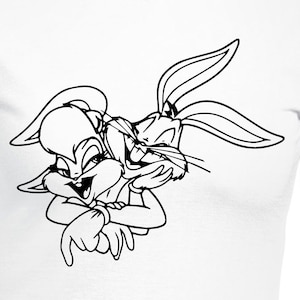 May include: Black and white line art illustration of Bugs Bunny and Lola Bunny. Bugs Bunny is holding Lola Bunny in his arms. They are both smiling.