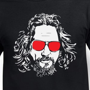 May include: A black and white illustration of a man with long hair and a beard wearing red sunglasses.