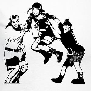 May include: A white short-sleeved t-shirt featuring a black graphic print of three figures in a dynamic pose. The central figure is jumping while wearing a cap, flanked by two other figures in casual clothing, all rendered in a high-contrast stencil style.