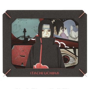 May include: A papercraft model of Itachi Uchiha from the anime series Naruto. The model is in a black frame with a red and white background. The text "ITACHI UCHIHA" is printed below the model.