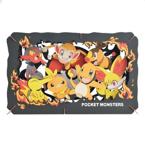 May include: A layered paper art piece featuring several colorful Pocket Monsters characters. The artwork is framed by a black border with flames, and the text "POCKET MONSTERS" is visible. The Craft With Lava logo is in the upper left corner.