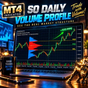 Può includere: Uno schermo di un portatile mostra un grafico di trading finanziario con un profilo di volume, etichettato MT4 INDICATOR SO DAILY VOLUME PROFILE. Il grafico mostra i movimenti dei prezzi, una freccia verde che indica +320 PIPS e marcatori VAH, POC e VAL. Una tazza nera riporta la scritta GOOD TRADES BETTER DAYS e una statuetta di toro dorato si trova nelle vicinanze.