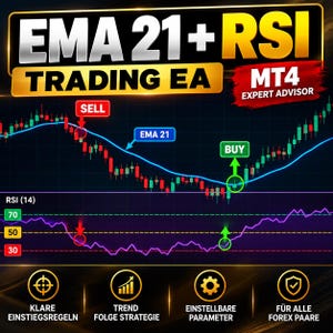 Può includere: Un grafico digitale per un expert advisor di trading EMA 21 e RSI per MT4. L'immagine mostra un grafico a candele con una linea blu EMA 21, indicatori di segnale di acquisto e vendita e un grafico dell'indicatore RSI con livelli a 30, 50 e 70.