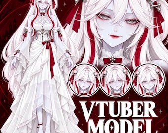 May include: A digital character illustration of a pale-skinned figure with long white hair, red horns, and red accents. The character wears a white layered gown with red ribbons and lace details. Three circular headshots show different facial expressions.
