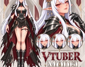 May include: A digital character illustration featuring a long-haired white-haired elf with red eyes, wearing black and red armor, a tattered cape, and gloves. Includes three circular headshot expressions and the text VTUBER MODEL at the bottom.