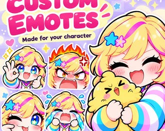 Könnte beinhalten: Eine digitale Illustration mit dem Text CUSTOM EMOTES Made for your character und Twitch Discord. Das Bild zeigt fünf farbenfrohe Anime-Charakter-Emotes mit verschiedenen Ausdrücken, darunter fröhlich, wütend, zwinkernd und weinend.