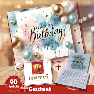 Puede incluir: Una tarjeta de cumpleaños con un fondo de acuarela y letras doradas que dicen "Happy Birthday". La tarjeta está decorada con globos. La tarjeta forma parte de un set de regalo que incluye una caja de chocolates y una caja de tarjetas en blanco con el texto "Nimm dir was du brauchst" (Toma lo que necesites).
